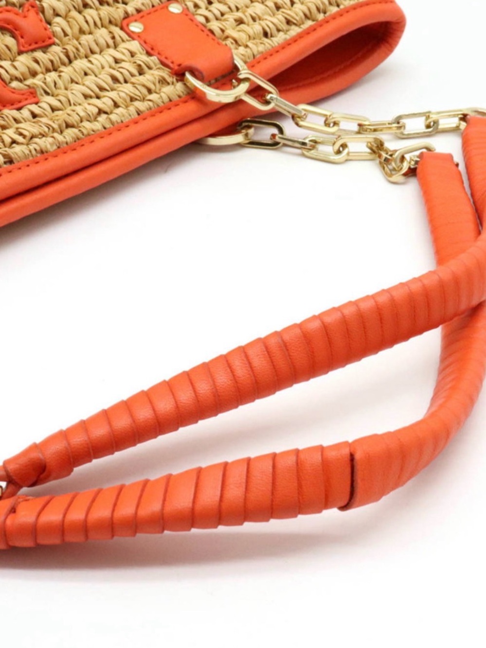 Tory Burch Straw Tote shoulder chain Orange Trim and Gold Chain Handles - Picture 3 of 9